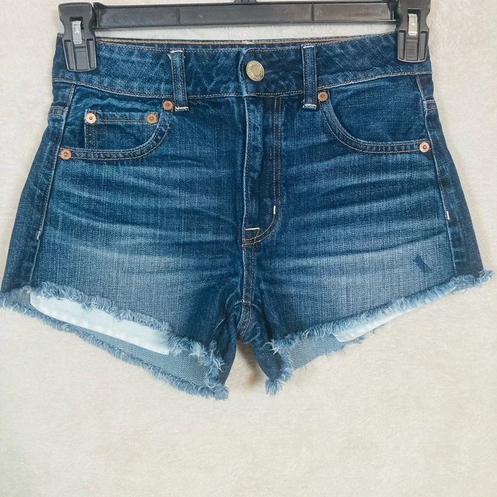 American Eagle Festival Shorts Women 0 Blue Hi-Rise Denim Cut Offs Super Stretch